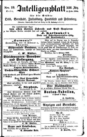 Intelligenzblatt für die Städte Oels, Bernstadt, Juliusburg, Hundsfeld und Festenberg vom 12.02.1856