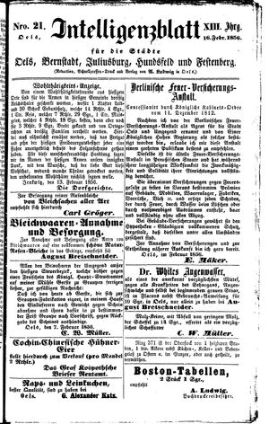 Intelligenzblatt für die Städte Oels, Bernstadt, Juliusburg, Hundsfeld und Festenberg on Feb 16, 1856