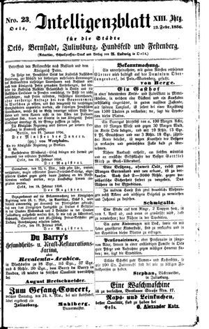 Intelligenzblatt für die Städte Oels, Bernstadt, Juliusburg, Hundsfeld und Festenberg vom 21.02.1856