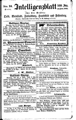 Intelligenzblatt für die Städte Oels, Bernstadt, Juliusburg, Hundsfeld und Festenberg on Feb 23, 1856