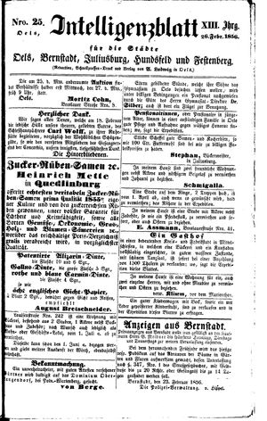 Intelligenzblatt für die Städte Oels, Bernstadt, Juliusburg, Hundsfeld und Festenberg vom 26.02.1856