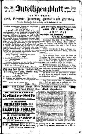 Intelligenzblatt für die Städte Oels, Bernstadt, Juliusburg, Hundsfeld und Festenberg vom 28.02.1856
