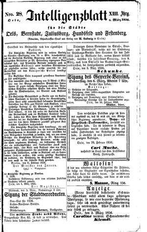 Intelligenzblatt für die Städte Oels, Bernstadt, Juliusburg, Hundsfeld und Festenberg vom 04.03.1856