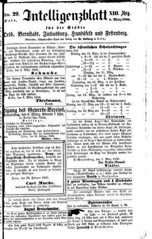 Intelligenzblatt für die Städte Oels, Bernstadt, Juliusburg, Hundsfeld und Festenberg vom 06.03.1856