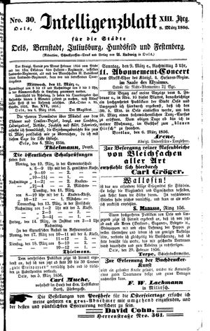Intelligenzblatt für die Städte Oels, Bernstadt, Juliusburg, Hundsfeld und Festenberg vom 08.03.1856