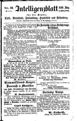 Intelligenzblatt für die Städte Oels, Bernstadt, Juliusburg, Hundsfeld und Festenberg on Mar 13, 1856