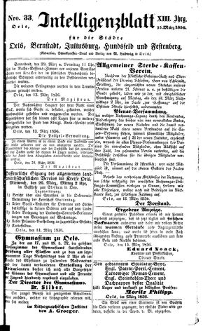 Intelligenzblatt für die Städte Oels, Bernstadt, Juliusburg, Hundsfeld und Festenberg vom 15.03.1856