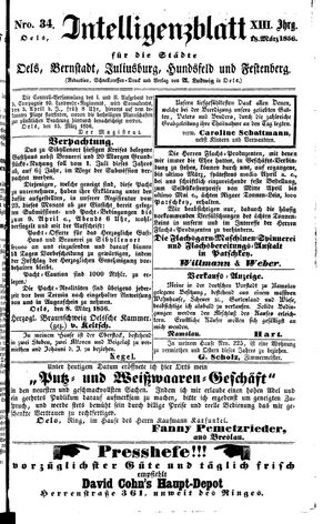 Intelligenzblatt für die Städte Oels, Bernstadt, Juliusburg, Hundsfeld und Festenberg vom 18.03.1856