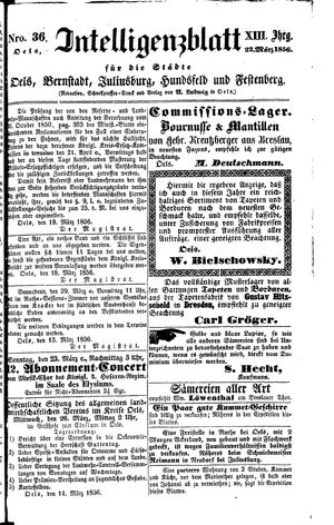 Intelligenzblatt für die Städte Oels, Bernstadt, Juliusburg, Hundsfeld und Festenberg vom 22.03.1856