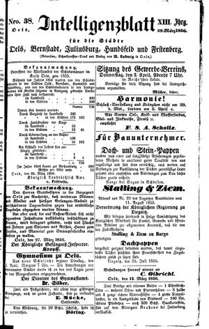 Intelligenzblatt für die Städte Oels, Bernstadt, Juliusburg, Hundsfeld und Festenberg on Mar 29, 1856