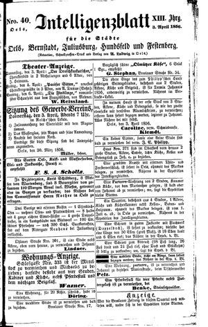 Intelligenzblatt für die Städte Oels, Bernstadt, Juliusburg, Hundsfeld und Festenberg vom 03.04.1856