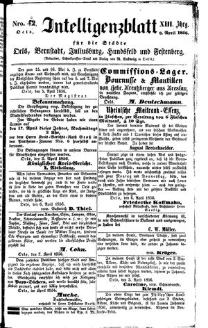 Intelligenzblatt für die Städte Oels, Bernstadt, Juliusburg, Hundsfeld und Festenberg vom 08.04.1856