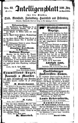 Intelligenzblatt für die Städte Oels, Bernstadt, Juliusburg, Hundsfeld und Festenberg vom 10.04.1856