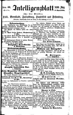 Intelligenzblatt für die Städte Oels, Bernstadt, Juliusburg, Hundsfeld und Festenberg vom 12.04.1856