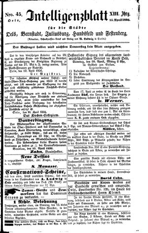 Intelligenzblatt für die Städte Oels, Bernstadt, Juliusburg, Hundsfeld und Festenberg vom 15.04.1856