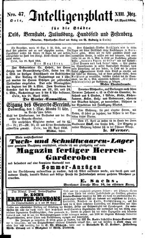 Intelligenzblatt für die Städte Oels, Bernstadt, Juliusburg, Hundsfeld und Festenberg vom 22.04.1856