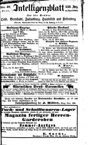 Intelligenzblatt für die Städte Oels, Bernstadt, Juliusburg, Hundsfeld und Festenberg vom 24.04.1856