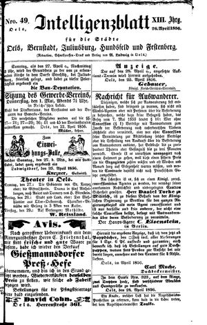Intelligenzblatt für die Städte Oels, Bernstadt, Juliusburg, Hundsfeld und Festenberg vom 26.04.1856
