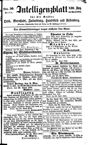 Intelligenzblatt für die Städte Oels, Bernstadt, Juliusburg, Hundsfeld und Festenberg on Apr 29, 1856