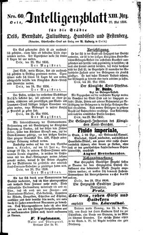 Intelligenzblatt für die Städte Oels, Bernstadt, Juliusburg, Hundsfeld und Festenberg vom 27.05.1856