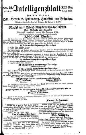 Intelligenzblatt für die Städte Oels, Bernstadt, Juliusburg, Hundsfeld und Festenberg vom 03.07.1856