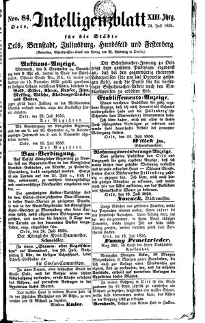Intelligenzblatt für die Städte Oels, Bernstadt, Juliusburg, Hundsfeld und Festenberg vom 24.07.1856