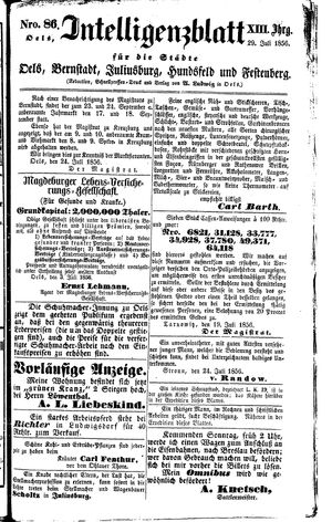 Intelligenzblatt für die Städte Oels, Bernstadt, Juliusburg, Hundsfeld und Festenberg vom 29.07.1856