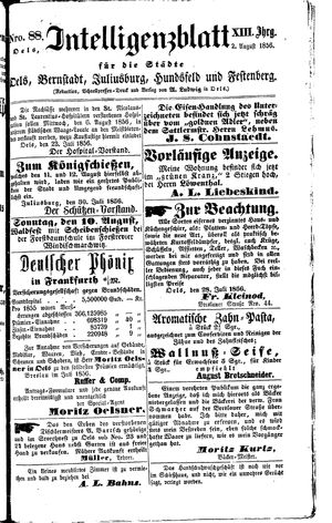 Intelligenzblatt für die Städte Oels, Bernstadt, Juliusburg, Hundsfeld und Festenberg on Aug 2, 1856