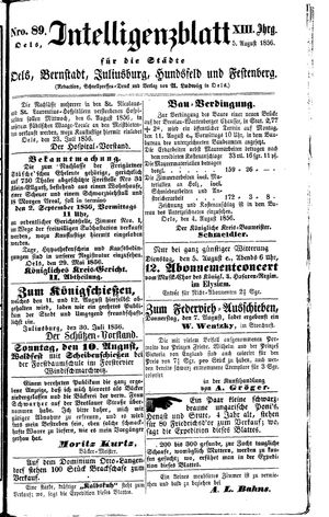 Intelligenzblatt für die Städte Oels, Bernstadt, Juliusburg, Hundsfeld und Festenberg vom 05.08.1856