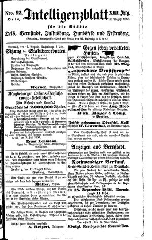 Intelligenzblatt für die Städte Oels, Bernstadt, Juliusburg, Hundsfeld und Festenberg vom 12.08.1856