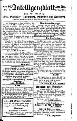 Intelligenzblatt für die Städte Oels, Bernstadt, Juliusburg, Hundsfeld und Festenberg vom 21.08.1856