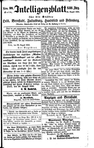 Intelligenzblatt für die Städte Oels, Bernstadt, Juliusburg, Hundsfeld und Festenberg on Aug 26, 1856