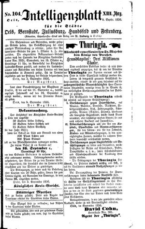 Intelligenzblatt für die Städte Oels, Bernstadt, Juliusburg, Hundsfeld und Festenberg vom 09.09.1856