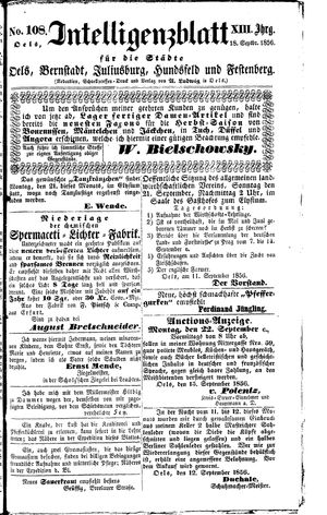 Intelligenzblatt für die Städte Oels, Bernstadt, Juliusburg, Hundsfeld und Festenberg vom 18.09.1856