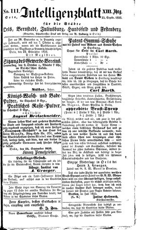 Intelligenzblatt für die Städte Oels, Bernstadt, Juliusburg, Hundsfeld und Festenberg vom 25.09.1856