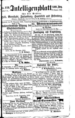 Intelligenzblatt für die Städte Oels, Bernstadt, Juliusburg, Hundsfeld und Festenberg on Sep 27, 1856