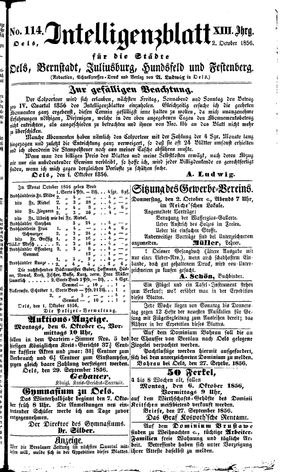 Intelligenzblatt für die Städte Oels, Bernstadt, Juliusburg, Hundsfeld und Festenberg vom 02.10.1856