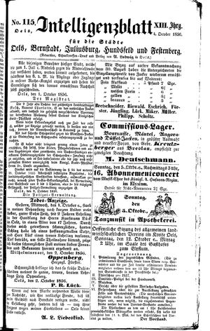 Intelligenzblatt für die Städte Oels, Bernstadt, Juliusburg, Hundsfeld und Festenberg vom 04.10.1856