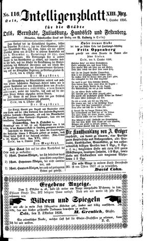 Intelligenzblatt für die Städte Oels, Bernstadt, Juliusburg, Hundsfeld und Festenberg vom 07.10.1856