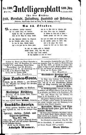 Intelligenzblatt für die Städte Oels, Bernstadt, Juliusburg, Hundsfeld und Festenberg vom 15.10.1856