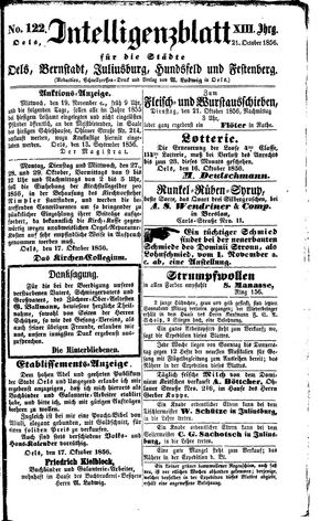 Intelligenzblatt für die Städte Oels, Bernstadt, Juliusburg, Hundsfeld und Festenberg vom 21.10.1856