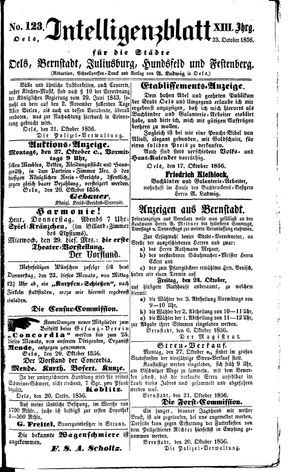 Intelligenzblatt für die Städte Oels, Bernstadt, Juliusburg, Hundsfeld und Festenberg vom 23.10.1856