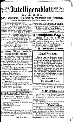 Intelligenzblatt für die Städte Oels, Bernstadt, Juliusburg, Hundsfeld und Festenberg on Nov 4, 1856