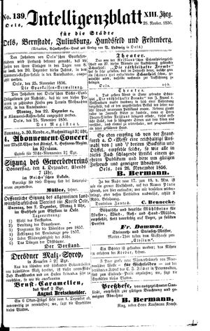 Intelligenzblatt für die Städte Oels, Bernstadt, Juliusburg, Hundsfeld und Festenberg on Nov 28, 1856