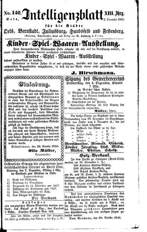 Intelligenzblatt für die Städte Oels, Bernstadt, Juliusburg, Hundsfeld und Festenberg vom 02.12.1856