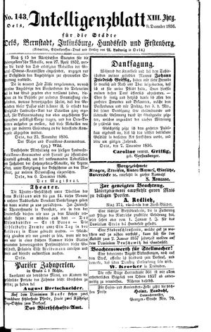 Intelligenzblatt für die Städte Oels, Bernstadt, Juliusburg, Hundsfeld und Festenberg vom 09.12.1856