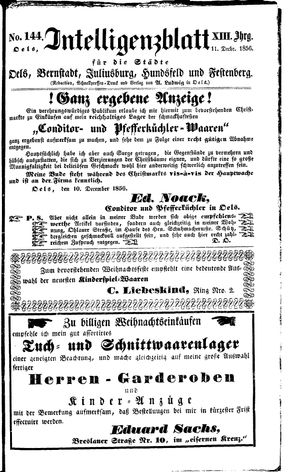 Intelligenzblatt für die Städte Oels, Bernstadt, Juliusburg, Hundsfeld und Festenberg vom 11.12.1856