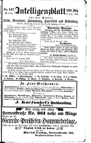 Intelligenzblatt für die Städte Oels, Bernstadt, Juliusburg, Hundsfeld und Festenberg vom 18.12.1856