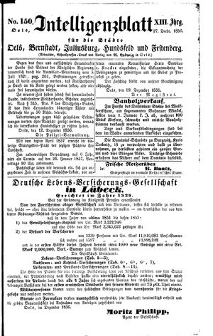 Intelligenzblatt für die Städte Oels, Bernstadt, Juliusburg, Hundsfeld und Festenberg on Dec 27, 1856