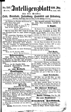 Intelligenzblatt für die Städte Oels, Bernstadt, Juliusburg, Hundsfeld und Festenberg vom 30.12.1856